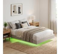 HOMCOM Cama Flotante 160 x 200 cm con Luces LED Inteligentes RGB, tapizada en Tela Efecto Lino, somier de 12 láminas, silenciosa, sin Necesidad de somier Adicional, fácil Montaje, Beige