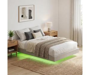 HOMCOM Cama Flotante 160 x 200 cm con Luces LED Inteligentes RGB, tapizada en Tela Efecto Lino, somier de 12 láminas, silenciosa, sin Necesidad de somier Adicional, fácil Montaje, Beige
