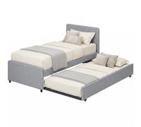HOMCOM Cama Nido, 90x190 cm, Diseño Extensible, Estructura de Cama Tapizada en Lino para 2 Personas, con Cabecero y Piecero, Listones de Madera, Sin Colchón, Gris Claro Light gray 200x97x95cm