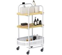 Homcom carrito auxiliar con ruedas carrito de cocina de 3 niveles carro de almacenamiento con cesta y estantes carga 30 kg para comedor salón dormitorio 49,5x32,5x82,5 cm blanco y madera natural 49.5
