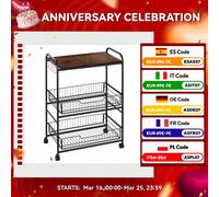 HOMCOM Carrito Auxiliar con Ruedas Carrito Verdulero de 3 Niveles Carrito de Cocina con 2 Cestas y 4 Ganchos para Comedor Salón 60x38x85,5 cm Marrón Rústico