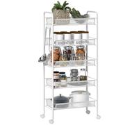 HOMCOM Carrito Auxiliar con Ruedas, Verdulero Cocina de 5 Niveles, Carrito de Cocina con 4 Ganchos, Carga 15 kg, para Comedor, Sala de Estar, Baño, 45x26,5x106 cm, Blanco