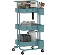 HOMCOM Carrito Auxiliar con Ruedas de 3 Niveles 42x38x86,5 cm Azul Verdoso | Carrito de Cocina con Mango, 3 Cestas de Malla, 3 Cajas Colgantes, Carro de Almacenamiento, para Baño Salón