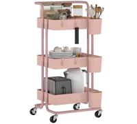 HOMCOM Carrito Auxiliar con Ruedas de 3 Niveles 42x38x86,5 cm Rosa | Carrito de Cocina con Mango, 3 Cestas de Malla, 3 Cajas Colgantes, Carro de Almacenamiento, para Baño Salón