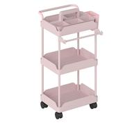 Homcom carrito auxiliar con ruedas de 3 niveles, carrito de cocina con cestas extraíbles, ruedas con freno, soporte para toallas y marco de metal, para comedor, salón, baño, oficina, rosa