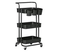 HomCom Carrito auxiliar de cocina 3 niveles con ruedas, ganchos y 3 cajas 42x38x86,5 cm Negro