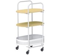 HOMCOM Carrito Auxiliar con Ruedas de 3 Niveles Carro de Almacenamiento con Cesta y Estantes 49,5x32,5x82,5 cm Blanco y Madera Natural