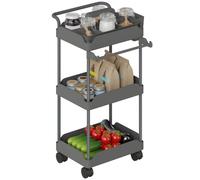 HOMCOM Carrito Auxiliar con Ruedas de 3 Niveles Cestas Extraíbles Gris | Carrito de Cocina, Ruedas con Freno, Soporte para Toallas, Marco de Metal, para Comedor, Salón, Baño, Oficina