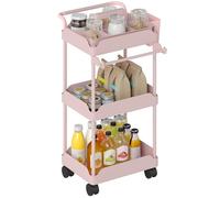 Homcom carrito auxiliar con ruedas de 3 niveles, carrito de cocina con cestas extraíbles, ruedas con freno, soporte para toallas y marco de metal, para comedor, salón, baño, oficina, rosa