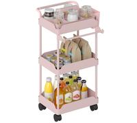 Homcom carrito auxiliar con ruedas de 3 niveles, carrito de cocina con cestas extraíbles, ruedas con freno, soporte para toallas y marco de metal, para comedor, salón, baño, oficina, rosa