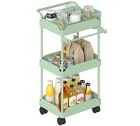 HOMCOM Carrito Auxiliar con Ruedas de 3 Niveles, Carrito de Cocina con Cestas Extraíbles, Ruedas con Freno, Soporte para Toallas y Marco de Metal, para Comedor, Salón, Baño, Oficina, Verde
