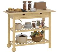 HOMCOM Carrito Auxiliar con Ruedas de Bambú 2 Ruedas 100x43x75 cm Natural | Carro de Servicio con 2 Cajones, 2 Estantes de Listones, Carrito para Cocina, Restaurante