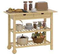 HOMCOM Carrito Auxiliar con Ruedas de Bambú Cajones Estantes 100x43x75cm Natural Natural Wood