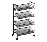 Homcom carrito auxiliar con ruedas, verdulero cocina de 4 niveles, carrito de cocina con 4 ganchos, carga 12 kg, para comedor, sala de estar, baño, 45x26,5x84 cm, negro