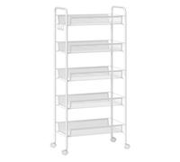 HOMCOM Carrito Auxiliar con Ruedas, Verdulero Cocina de 5 Niveles, Carrito de Cocina con 4 Ganchos, Carga 15 kg, para Comedor, Sala de Estar, Baño, 45x26,5x106 cm, Blanco