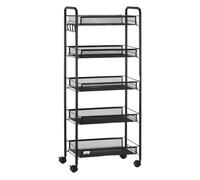 HOMCOM Carrito Auxiliar con Ruedas, Verdulero Cocina de 5 Niveles, Carrito de Cocina con 4 Ganchos, Carga 15 kg, para Comedor, Sala de Estar, Baño, 45x26,5x106 cm, Negro