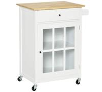 HOMCOM Carrito Cocina rodante 27" cajón Armario Puerta Vidrio Blanco | Carrito de cocina, estante ajustable, toallero