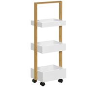 HOMCOM Carrito de Almacenamiento Delgado 28x18x75 cm Blanco y Natural | de Bambú, Carro Auxiliar, con Ruedas, Carrito de Cocina, con 3 Cestas y Asa, para Salón Baño