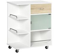 HOMCOM Carrito de Cocina Carrito Auxiliar con 1 Cajón Puerta de Vidrio y Estantes Abiertos Carro Auxiliar con Ruedas para Comedor Salón Baño 65x39x80 cm Natural