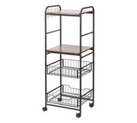 HomCom Carrito de cocina auxiliar con ruedas, 2 estantes, 2 cestas extraíbles, 4 ganchos Nogal/Negro