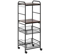 HomCom Carrito de cocina auxiliar con ruedas, 2 estantes, 2 cestas extraíbles, 4 ganchos Nogal/Negro