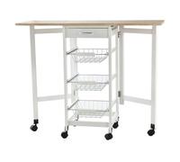 HOMCOM Carrito Auxiliar Plegable Carrito de Cocina con 6 Ruedas 1 Cajón y 3 Cesta de Metal 97,2x37x77,5 cm Blanco y Roble Aosom España