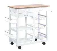 HomCom Carrito de cocina con cajones, cestas, estantes para especias y ruedas 92x37x82 cm Blanco