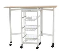 HOMCOM Carrito de Cocina con Encimera Plegable 6 Ruedas Isla de Cocina con 1 Cajón y 3 Cesta de Metal 97,2x37x77,5 cm Blanco y Roble Aosom España