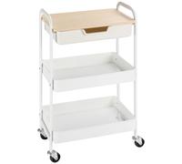 HomCom Carrito de cocina – Carro de almacenamiento con cajón extraíble, 2 cestas y frenos, blanco