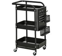 HOMCOM Carrito de Cocina con Ruedas Carro de Almacenamiento de 3 Niveles 4 Ganchos Asa 2 Cestas Colgantes y Frenos 51,5x32x75,6cm Negro Aosom España