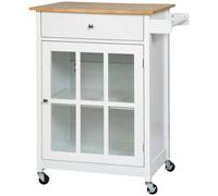 Armario de cocina multiusos HOMCOM con ruedas, puerta de cristal, estante ajustable, cajón y escobillero.