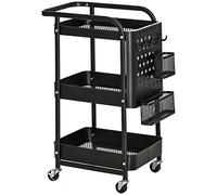 HOMCOM Carrito de Cocina de Acero con Ruedas Carro de Almacenamiento de 3 Niveles 4 Ganchos Marco de Acero 2 Cestas Colgantes y Asa para Baño Salón Dormitorio 51,5x32x75,6 cmNegro