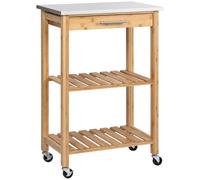 HOMCOM Carrito de Cocina en Bambú, Isla de Cocina con Encimera de Acero Inoxidable, Cajón y Estantes a Listones, Natural