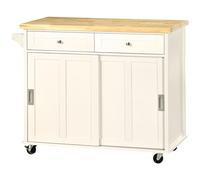 HOMCOM Carrito de Cocina Isla de Cocina Multifuncional con 4 Ruedas 2 Puertas Correderas 2 Cajones Estantes Ajustables y Barra de Colgar para Comedor Sala 110x49,5x89,5 cm Crema