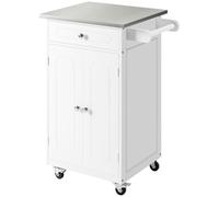 HOMCOM Carrito e Isla de Cocina con Encimera Inoxidable y Ruedas, Blanco | Carro Multiusos, Cajón de Almacenamiento, Comedor
