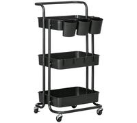 HomCom Carrito auxiliar de cocina 3 niveles con ruedas, ganchos y 3 cajas 42x38x86,5 cm Negro