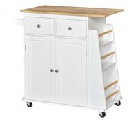 Homcom carro de cocina auxiliar con ruedas carrito de servicio con 2 cajones armario de almacenaje estante interior ajustable 3 especieros y barra para colgar 89x45x89,5 cm blanco 89 cm