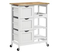 Homcom carro de cocina, carrito auxiliar con ruedas, tablero de madera, 3 cajones, 2 estantes abiertos y bandeja extraíble, para comedor salón, 67x37x85,5 cm, blanco 85.5 cm