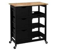 Homcom carro de cocina, carrito auxiliar con ruedas, tablero de madera, 3 cajones, 2 estantes abiertos y bandeja extraíble, para comedor salón, 67x37x85,5 cm, negro