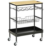 HOMCOM Carro de Cocina con Ruedas Carrito de Servicio Multiuso con Botellero Cesta Extraíble Bandeja y 4 Ganchos para Comedor Salón 60,5x35,5x75 cm Negro y Roble