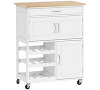 HOMCOM Carro de Cocina con Ruedas con Cajón 2 Armarios de Almacenaje y 3 Estantes Abiertos de 9 Botellas 67x37x87 cm Blanco Aosom España