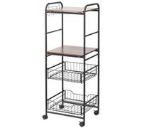 HomCom Carrito de cocina auxiliar con ruedas, 2 estantes, 2 cestas extraíbles, 4 ganchos Nogal/Negro
