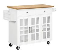 HomCom Carro de cocina isla con ruedas 2 cajones 3 puertas vidrio templado toallero blanco