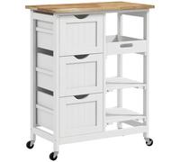 HOMCOM Carro de Cocina con Ruedas Tablero de Madera 67x37x85,5 cm Blanco | Carrito Auxiliar, 3 Cajones, 2 Estantes Abiertos, Bandeja Extraíble, para Comedor Salón