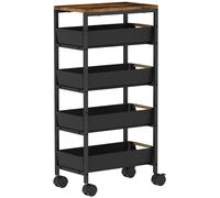 HOMCOM Carro de Cocina de 5 Niveles Carrito Auxiliar con Ruedas Tablero Efecto Madera Cajones Extraíbles 39,5x24x82 cm Negro