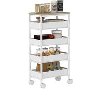 HOMCOM Carro de Cocina de Almacenamiento de 5 Niveles Carrito Auxiliar con Ruedas Tablero Efecto Madera y 4 Cajones Extraíbles Carrito de Cocina para Comedor Salón 39,5x24x82 cm Blanco