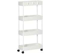 HOMCOM Carro de Cocina de Almacenamiento Delgado de 4 Niveles Carrito Auxiliar con Ruedas 4 Cestas y 4 Ganchos Extraíbles Carrito de Cocina para Comedor Baño Salón 40x19x90 cm Blanco