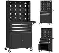 HOMCOM Carro de Herramientas con 3 Cajones Tabla de Pegboard Cerradura por Llave Estante Ajustable 2 Ruedas con Freno Negro