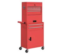 HOMCOM Carro de Herramientas con 6 Cajones y Cerraduras, 3 en 1, Carro de Taller Móvil con Ruedas y Panel Lateral Perforado, Caja de Herramientas Desmontable de Acero, para Taller, Garaje, Rojo