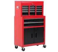 HOMCOM Carro de Herramientas con Baúl Superior, 2 en 1, Carro de Taller con 6 Cajones, Armario, Cerradura, 4 Ganchos, 2 Ruedas con Freno de Bloqueo, para Garaje, Hogar, Rojo
